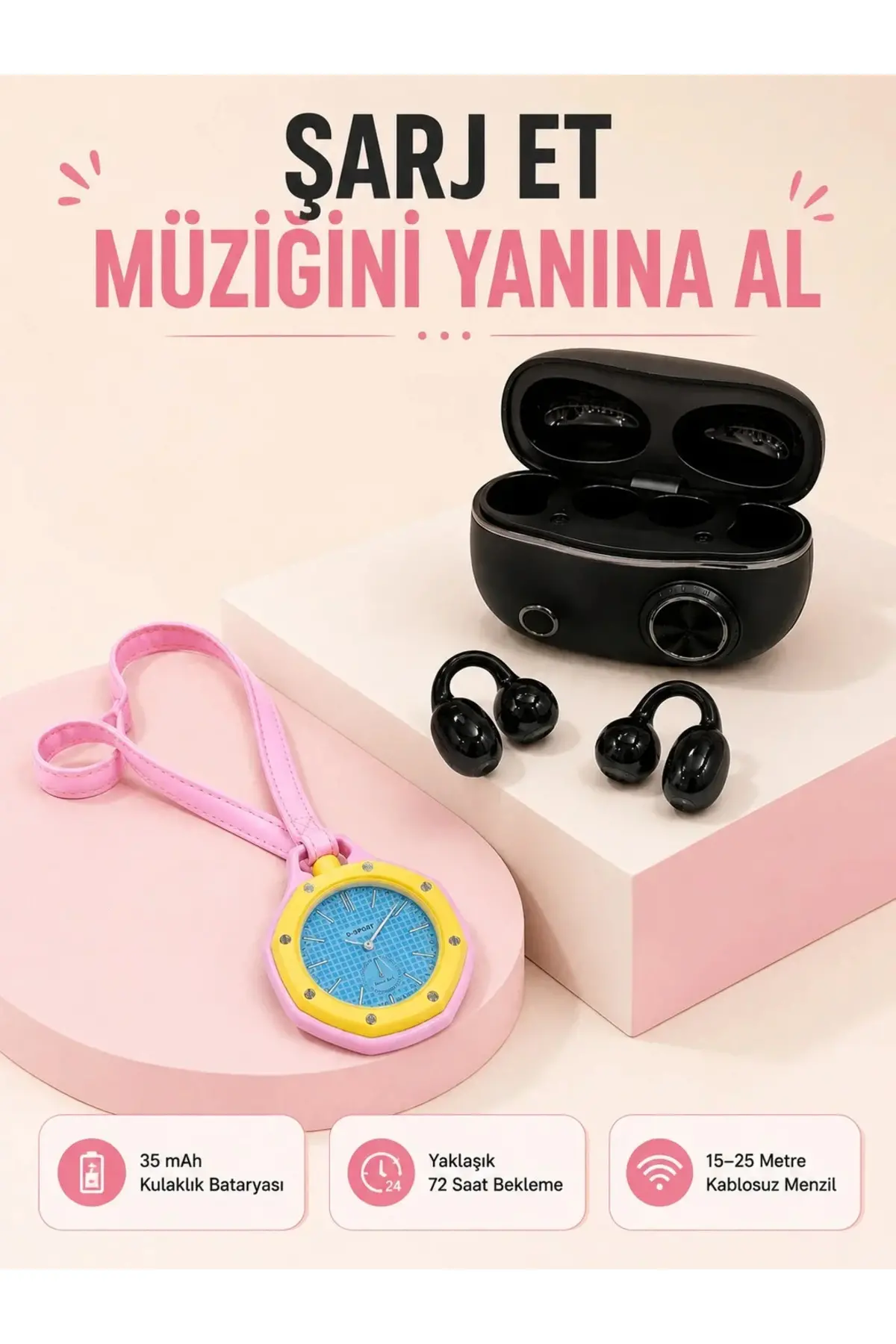 Kablosuz Kulaklık Seti ve Pembe Askılı og Charm Saat Günlük Kullanım Kampanyası