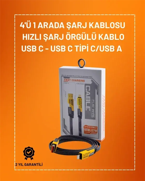 4'ü 1 Arada USB Hızlı Şarj ve Veri Kablosu – 65W Güç, Çoklu Bağlantı, 1.2m