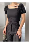 Kadın Şık Detay Kare Yaka İnce Askılı Crop Bluz-1