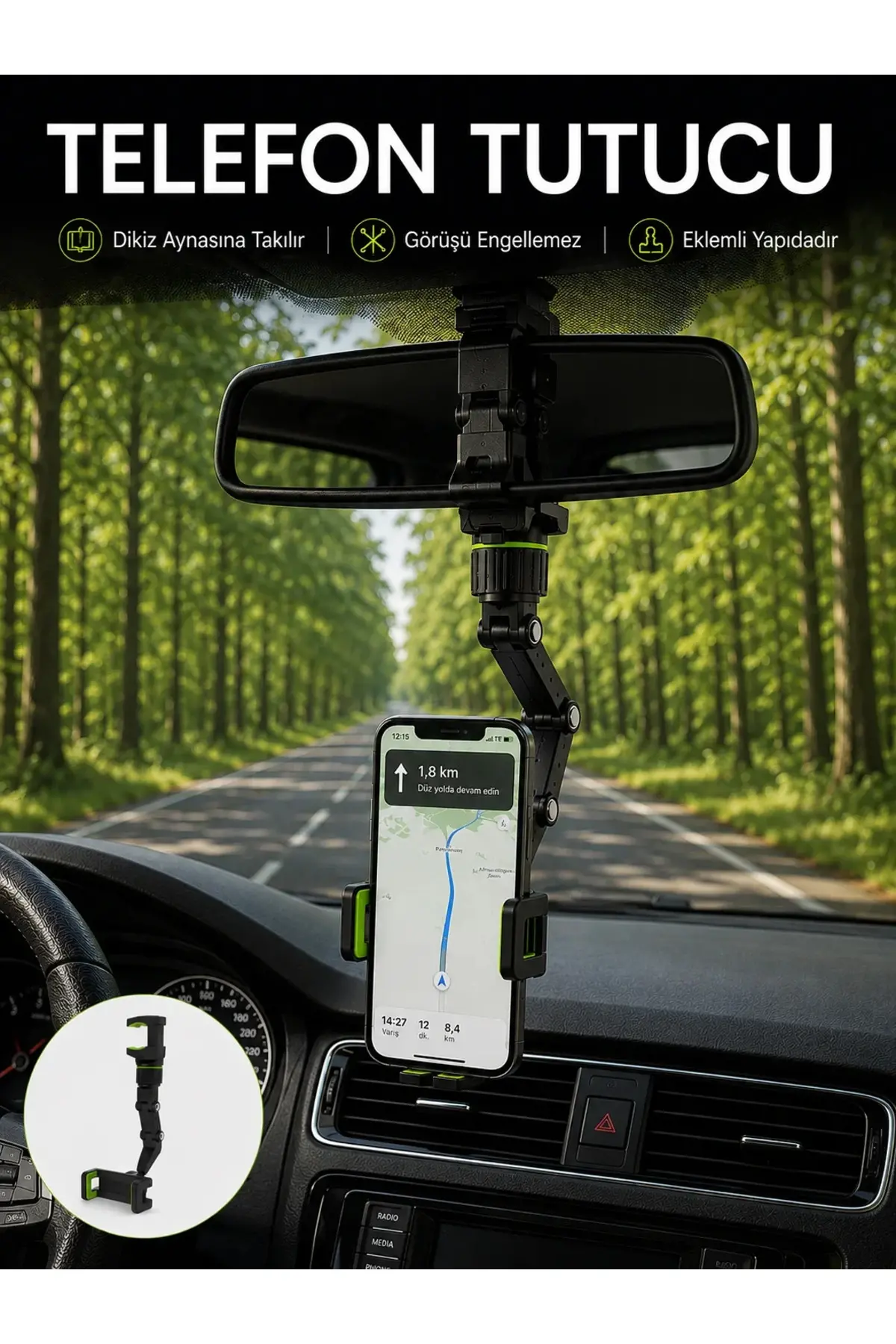 Araç İçi Dikiz Aynası Telefon Tutucu 360° Dönebilen Katlanabilir