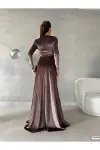 Kadın Şık Model Kruvaze Uzun Kol Kadife Kumaş Yırtmaçlı Maxi Abiye Elbise-2