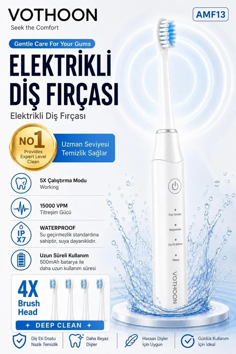 Şarjlı Diş Fırçası 15000 Vpm Titreşim Gücü, 500mah Batarya, 5 Tezlik Modu Beyaz