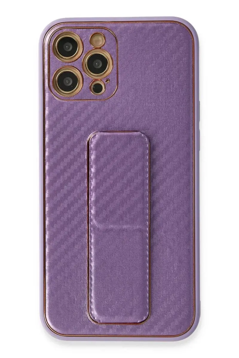Apple iPhone 12 Pro Kılıf Coco Karbon Standlı Kapak - Mor