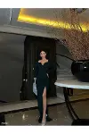 Kadın Gösterişli V Yaka Uzun Kol Fırfırlı Etek Abiye Elbise-1