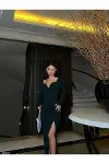 Kadın Gösterişli V Yaka Uzun Kol Fırfırlı Etek Abiye Elbise-4