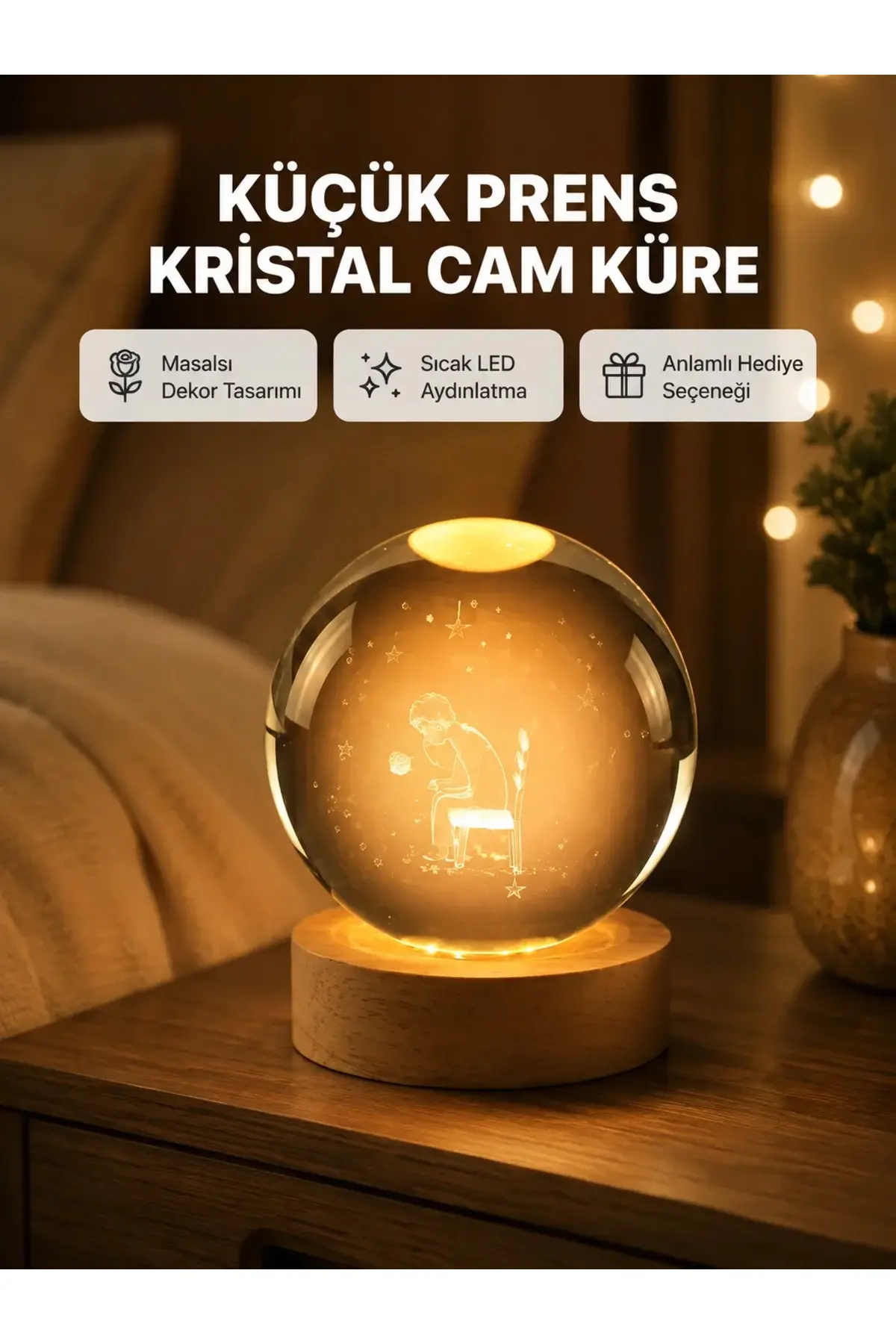 8 cm Küçük Prens Cam Küre USB Işıklı Ahşap Tabanlı Dekor