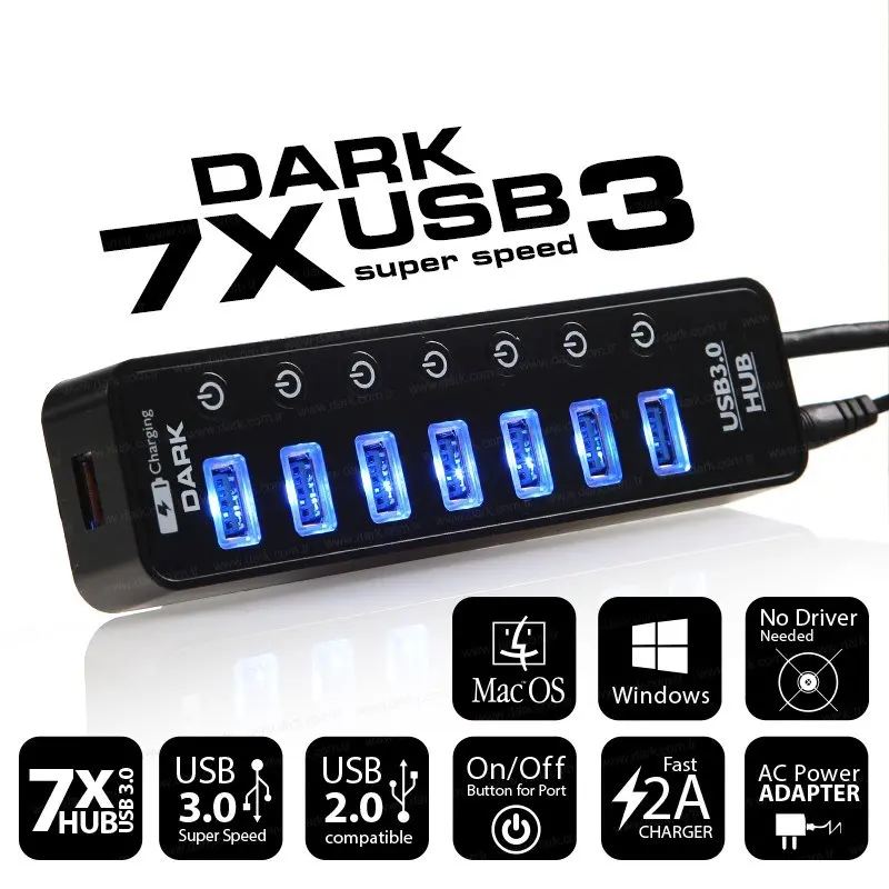 DK-AC-USB371 8 PORT USB 3.0 HUB, 7 Port Data ve 1 Port 2A Hızlı Şarj, Adaptörlü