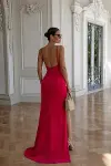 Kadın V Yaka Yırtmaçlı Askılı Abiye Elbise-3
