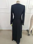 Kadın Uzun Kollu Kruvaze Yakalı Yandan Yırtmaçlı Uzun Janjan Krep Elbise-5