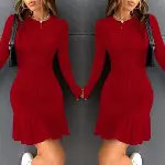 Kadın Bisiklet Yaka Uzun Kol Etek Ucu Fırfırlı Triko (polyenit) Mini Boy Elbise-3