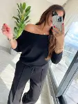 Kadın Uzun Kollu Tek Omuzdan Açık Modal Bluz Ve Pantolon Ikili Takım-3