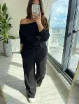Kadın Uzun Kollu Tek Omuzdan Açık Modal Bluz Ve Pantolon Ikili Takım-5