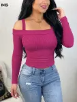 Kadın Uzun Kollu Madonna Yaka Askılı Krop Kaşkorse Bluz-3