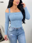 Kadın Uzun Kollu Madonna Yaka Askılı Krop Kaşkorse Bluz-3