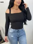 Kadın Uzun Kollu Madonna Yaka Askılı Krop Kaşkorse Bluz-3