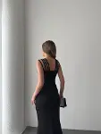 Kadın Omuz çoklu Askılı önü Taş Işlemeli Balık Kesim Janjan Krep Maxi Boy Elbise-3