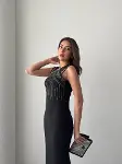 Kadın Omuz çoklu Askılı önü Taş Işlemeli Balık Kesim Janjan Krep Maxi Boy Elbise-5