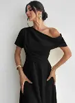 Kadın Omuzdan Açık Kısa Kollu Omuzdan Pileli Uzun Janjan Krep Elbise-3