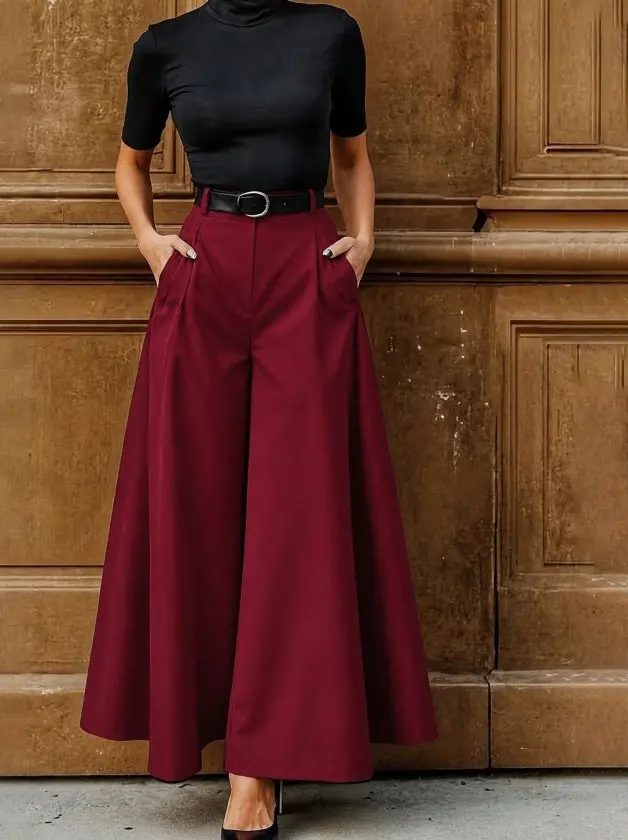 Kadın Yüksek Bel Kemerli Double Kumaş Palazzo Pantolon-1 Kadın Yüksek Bel Kemerli Double Kumaş Palazzo Pantolon-1