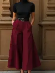 Kadın Yüksek Bel Kemerli Double Kumaş Palazzo Pantolon-4
