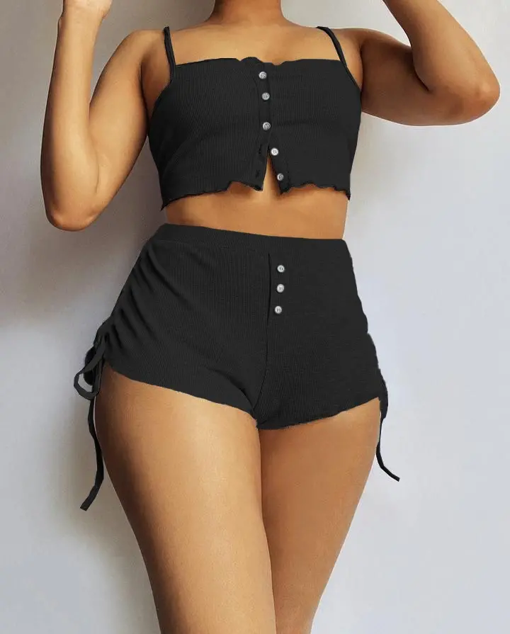Kadın Ip Askılı Crop Bluz Ve Yanlardan Büzgülü Ikili Kaşkorse Short Takım-1 Kadın Ip Askılı Crop Bluz Ve Yanlardan Büzgülü Ikili Kaşkorse Short Takım-1
