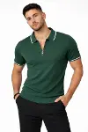 Erkek Fermuarlı Yaka Fitilli Triko Kısa Kollu Regular Fit Tişört T-shirt - Yeşil-1
