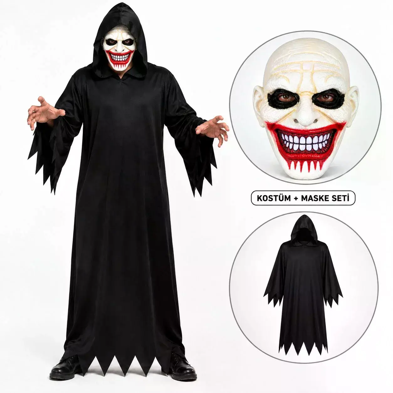 Kanlı Gülüş Maskeli Siyah Kapüşonlu Kostüm Seti 140 cm