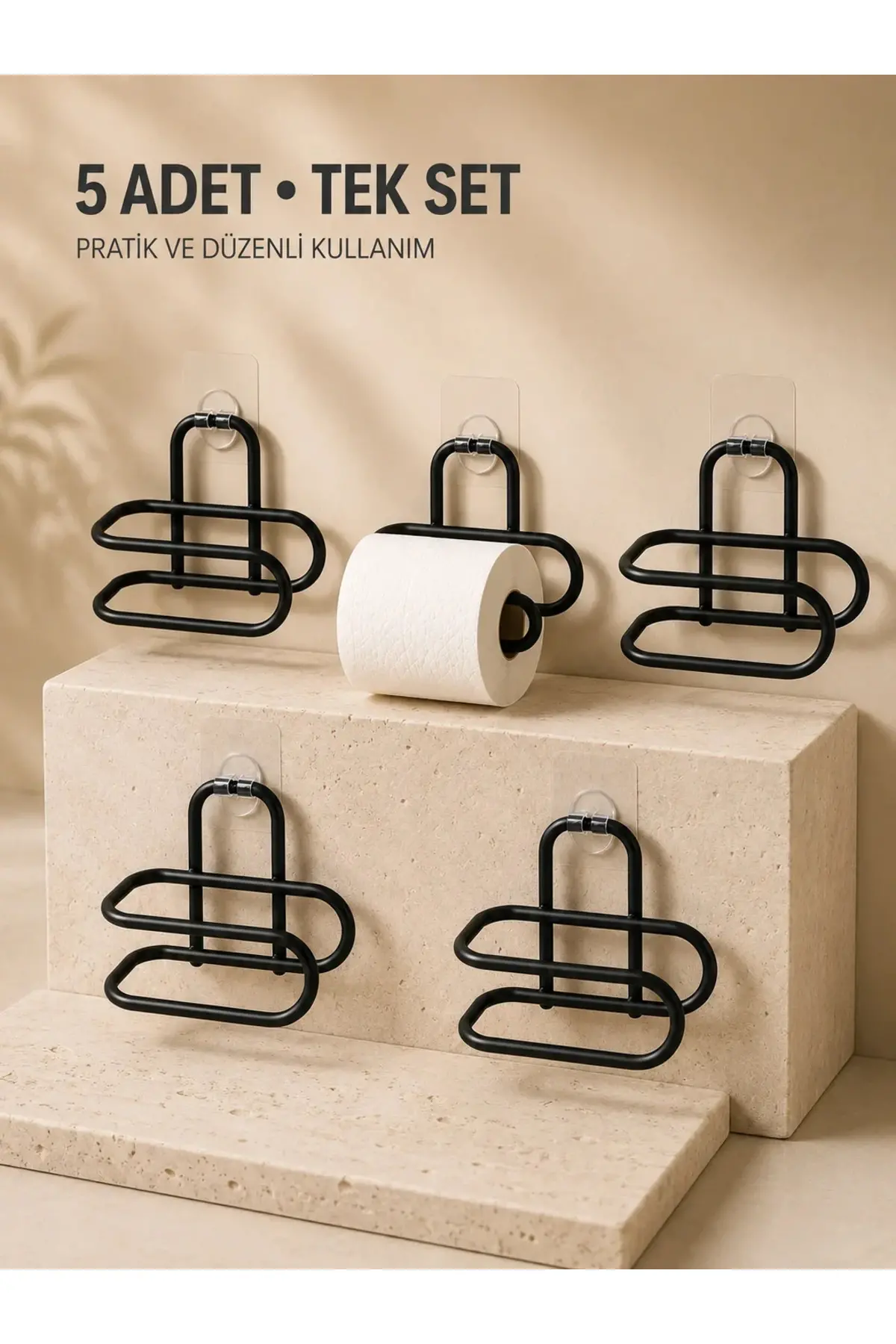 Delmeden Monte Tuvalet Kağıdı Askısı Siyah Metal Yapışkanlı Banyo Kağıtlığı 5’li Set