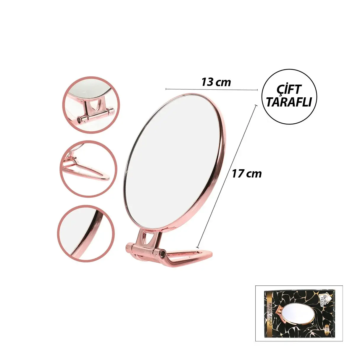 Oval - Bakır 6.5 INC=16.5X13CM Makyaj Aynası Çift Taraflı Katlanır Ayaklı