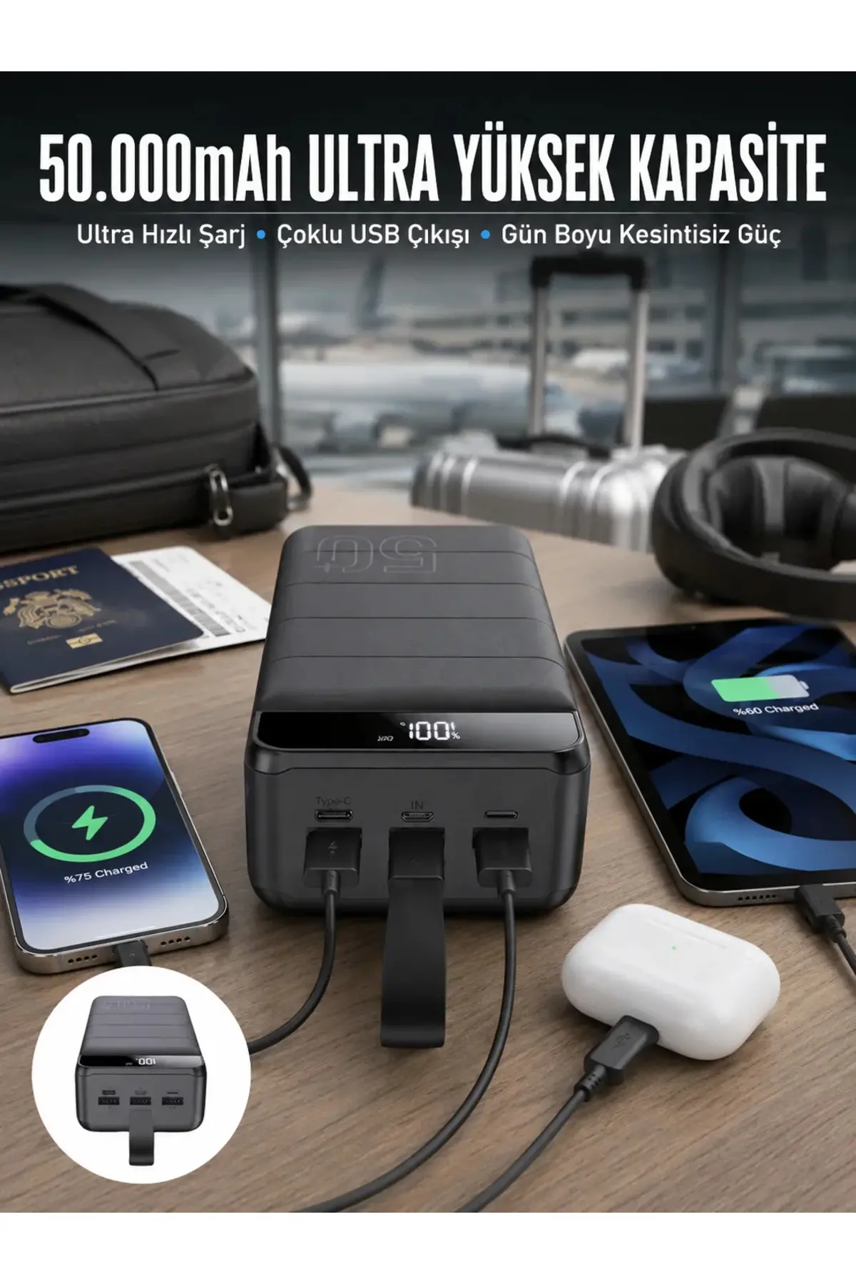 Powerbank Çoklu Şarj Girişi 50.000 Mah Taşınabilir Dijital Göstergeli (Kopya)