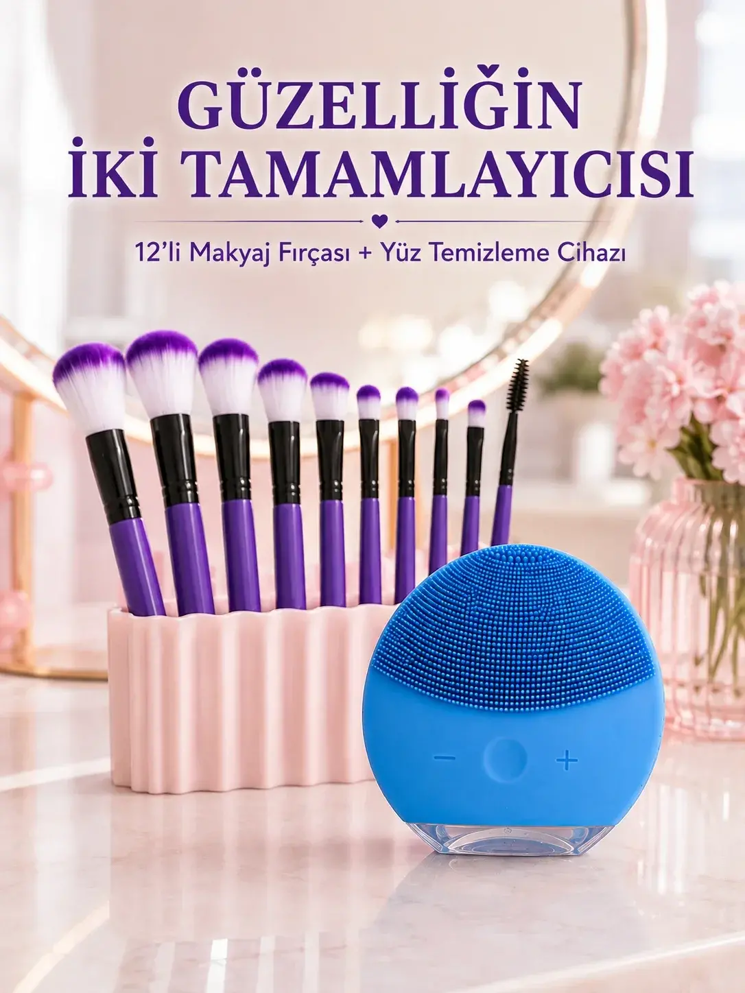 12’li Mor Makyaj Fırça Seti ve Silikon Yüz Tezleme Cihazı İkili Makyaj ve Cilt Bakım Seti