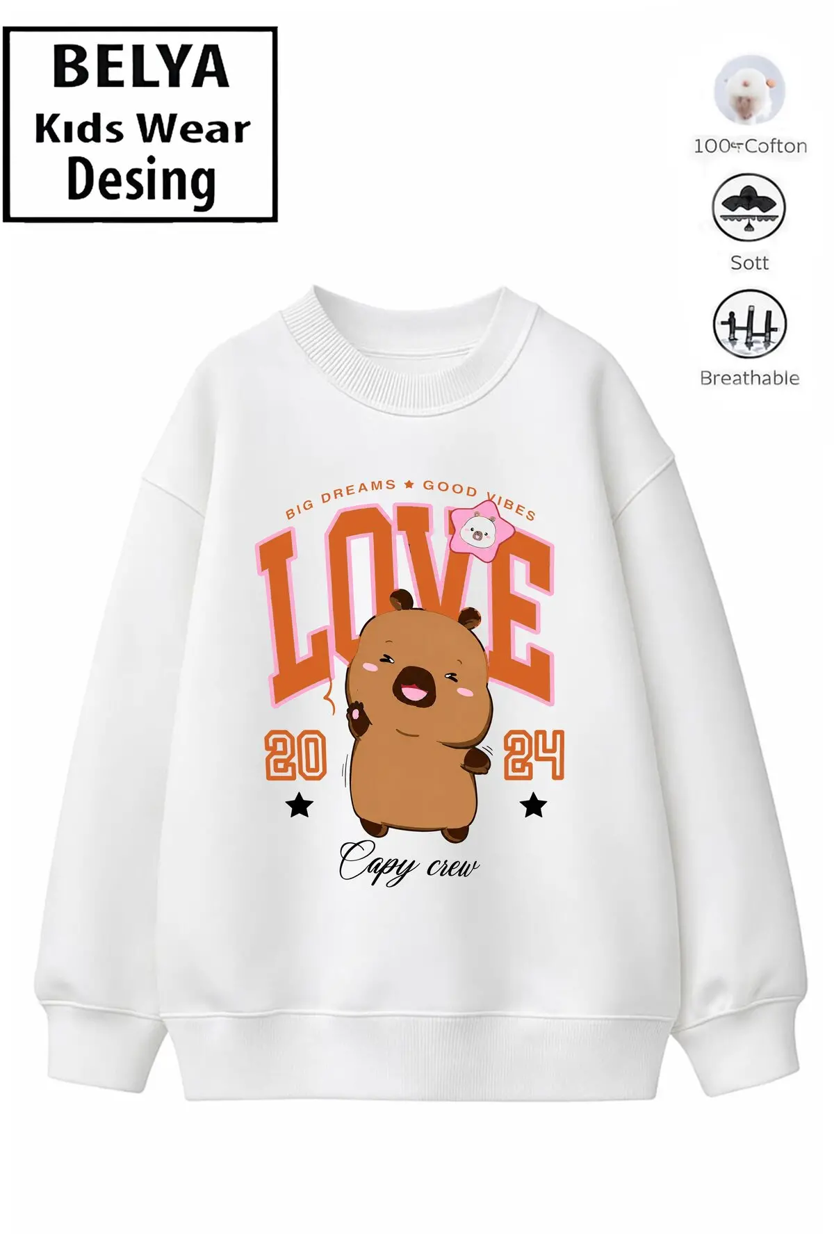 Trend Çocuk Kız Model Tam Kalıp Oversize Capyy Love Tasarım 2 İplik Pamuğa Pamuk Kumaş Sweatshirt 50