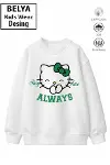 Trend Çocuk Kız Model Tam Kalıp Oversize Hello Tasarım 2 İplik Pamuğa Pamuk Kumaş Sweatshirt 49-1