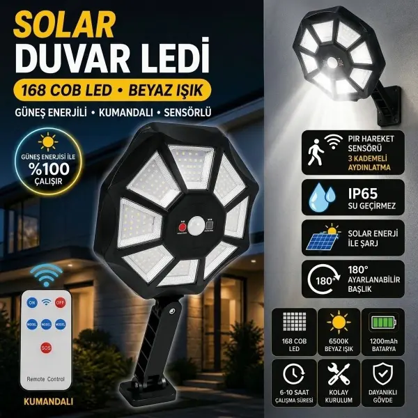 168B Solar LED Büyük Dış Mekân Lambası, Hareket Sensörlü, Kumandalı, 3 Modlu Ultra Parlak COB Işık, Su Geçirmez Kablosuz Duvar Apliği (4745)