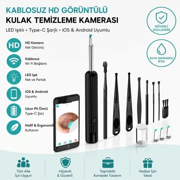 Siyah Kablosuz HD Görüntülü Kulak Temizleme Kamerası, LED Işıklı Type-C Şarjlı iOS ve Android Uyumlu Kulak Temizleme Seti (4745)