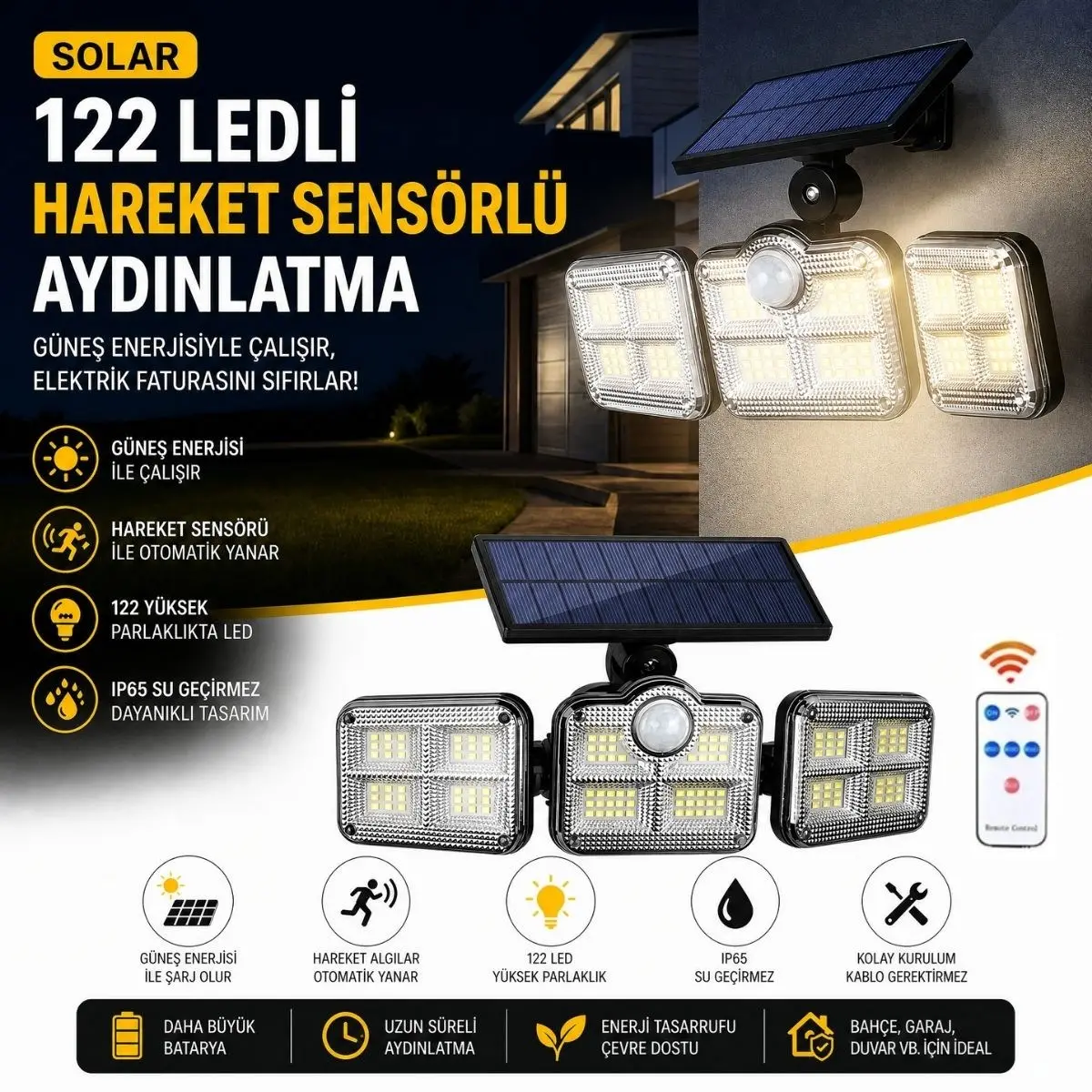 3&amp;apos;lü 122 LEDLİ Güneş Enerjili Hareket Sensörlü Aydınlatma, Dış Mekan Duvar ve Bahçe Lambası Solar LED (4745)
