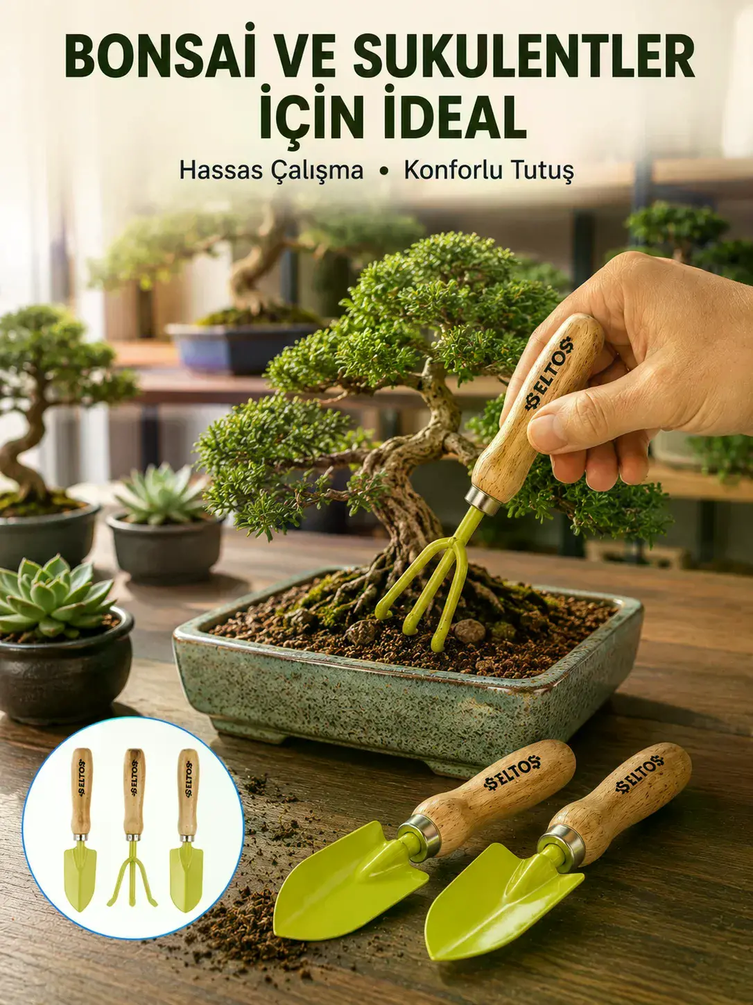 Saksı Bitkileri İçin Bahçe El Aleti Seti Ergonok Ahşap Saplı