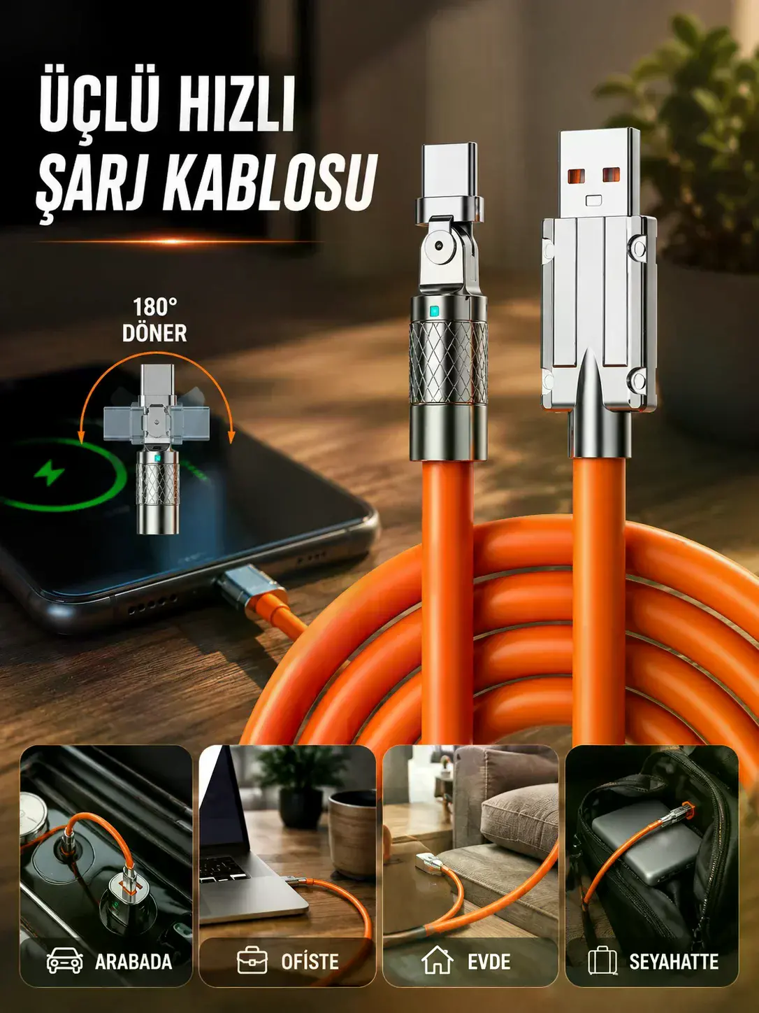 3 İn 1 Süper Hızlı Şarj Kablosu Android ve İOS Uyumlu Silikon Şarj Kablosu