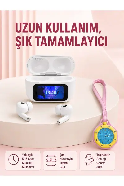 Ekranlı Kablosuz Kulaklık ve Pembe Çanta Charm Saat Seti