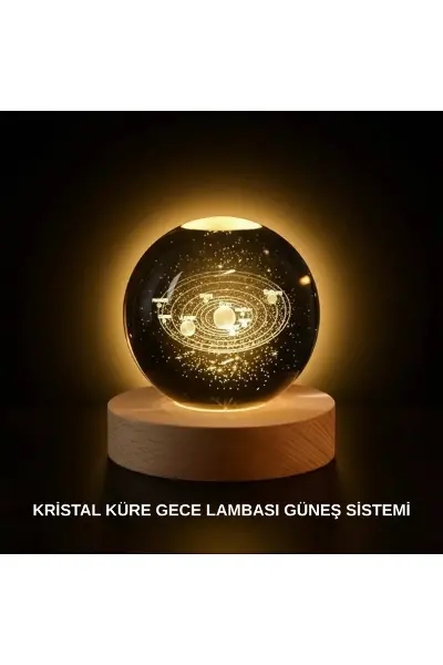 Ahşap Standlı LED Kristal Küre Lazer İşlemeli Dekoratif Obje