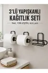 3 Adet Yapışkanlı Rulo Tutucu Siyah Metal Tuvalet Kağıdı Askısı-1