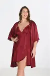 Premium Büyük Beden Saten Dantel İşlemeli Bordo 2'li Gecelik Sabahlık Takımı Bigsize-2