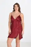 Premium Büyük Beden Saten Dantel İşlemeli Bordo 2'li Gecelik Sabahlık Takımı Bigsize-1