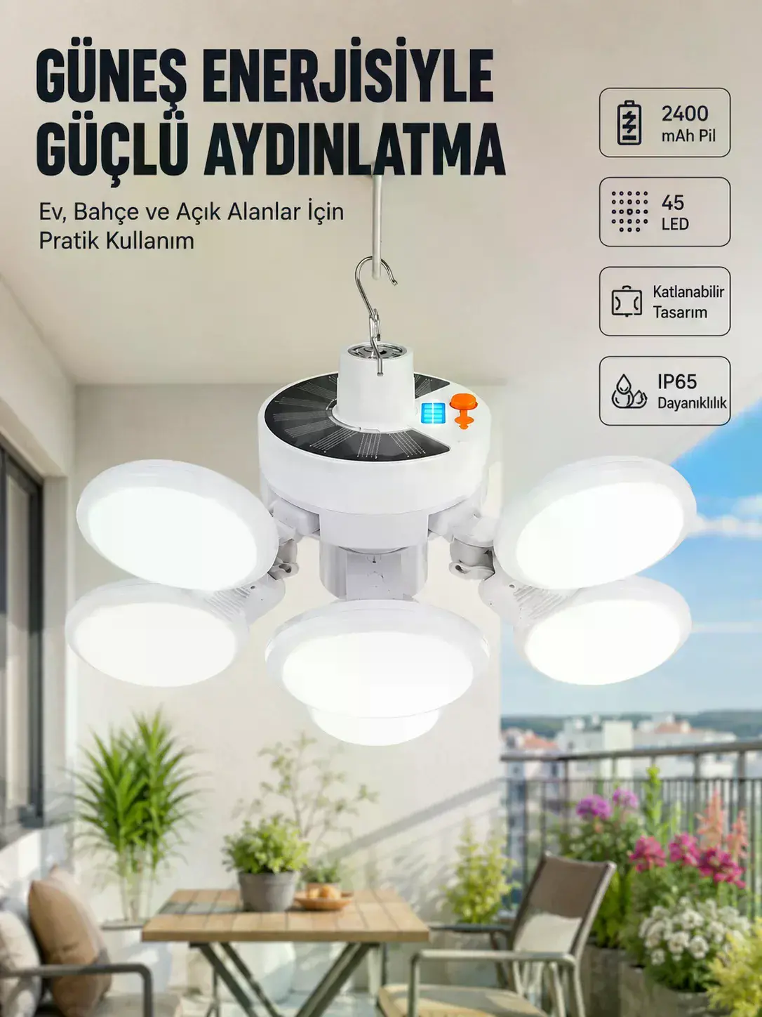 Güneş Enerjili Katlanabilir 5 Kanatlı Solar Bahçe Lambası