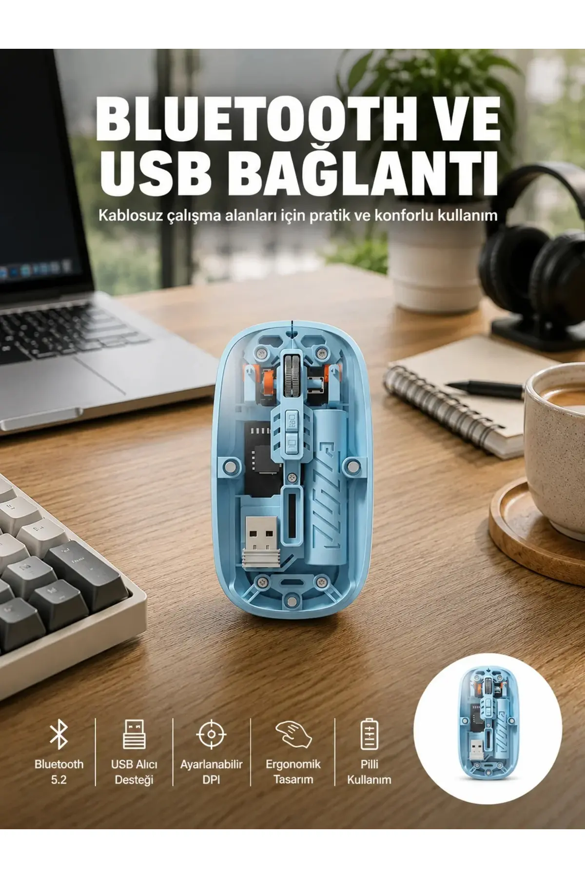 Bluetooth 5.2 Destekli Mavi Pilli Kablosuz Mouse Yeni Nesil