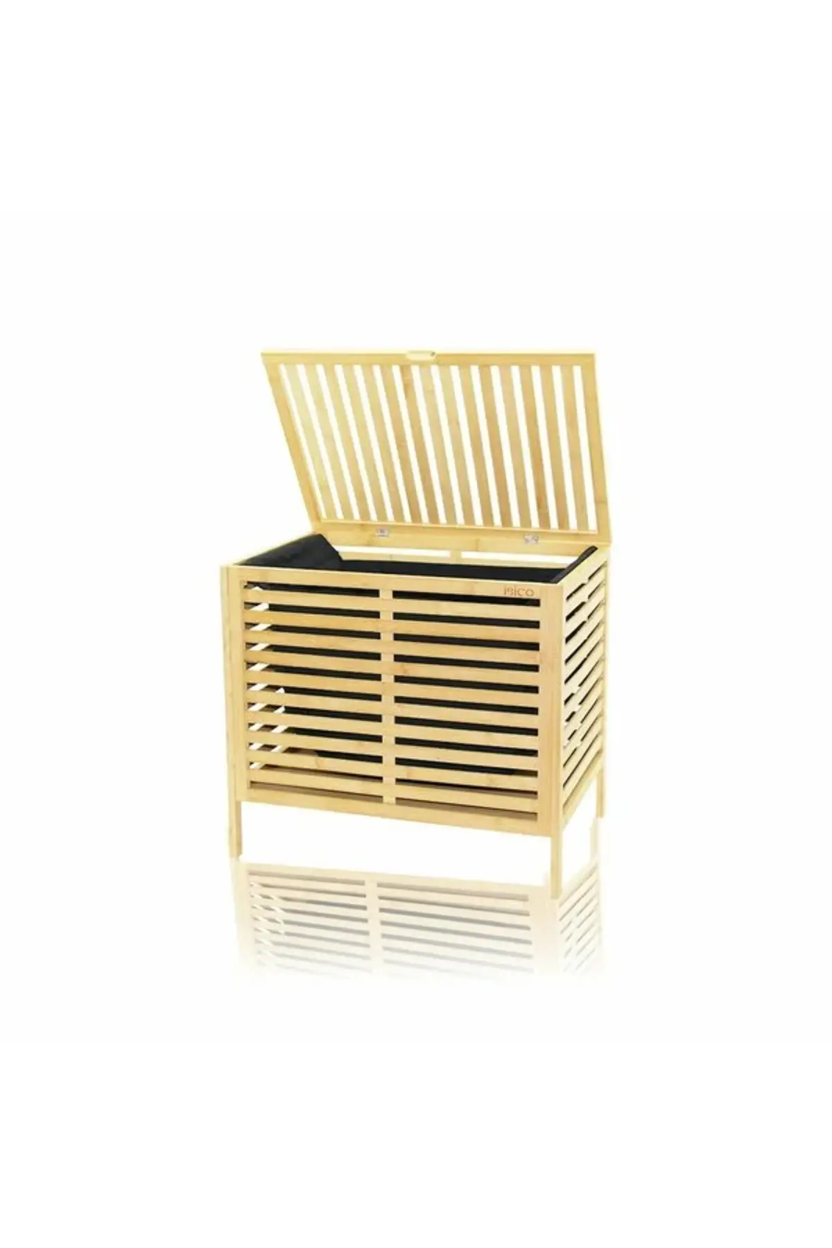 Kalın Ahşap Bambu Kirli Çamaşır Sepeti Siyah Kumaş Çantalı SEPET=50X38X55CM