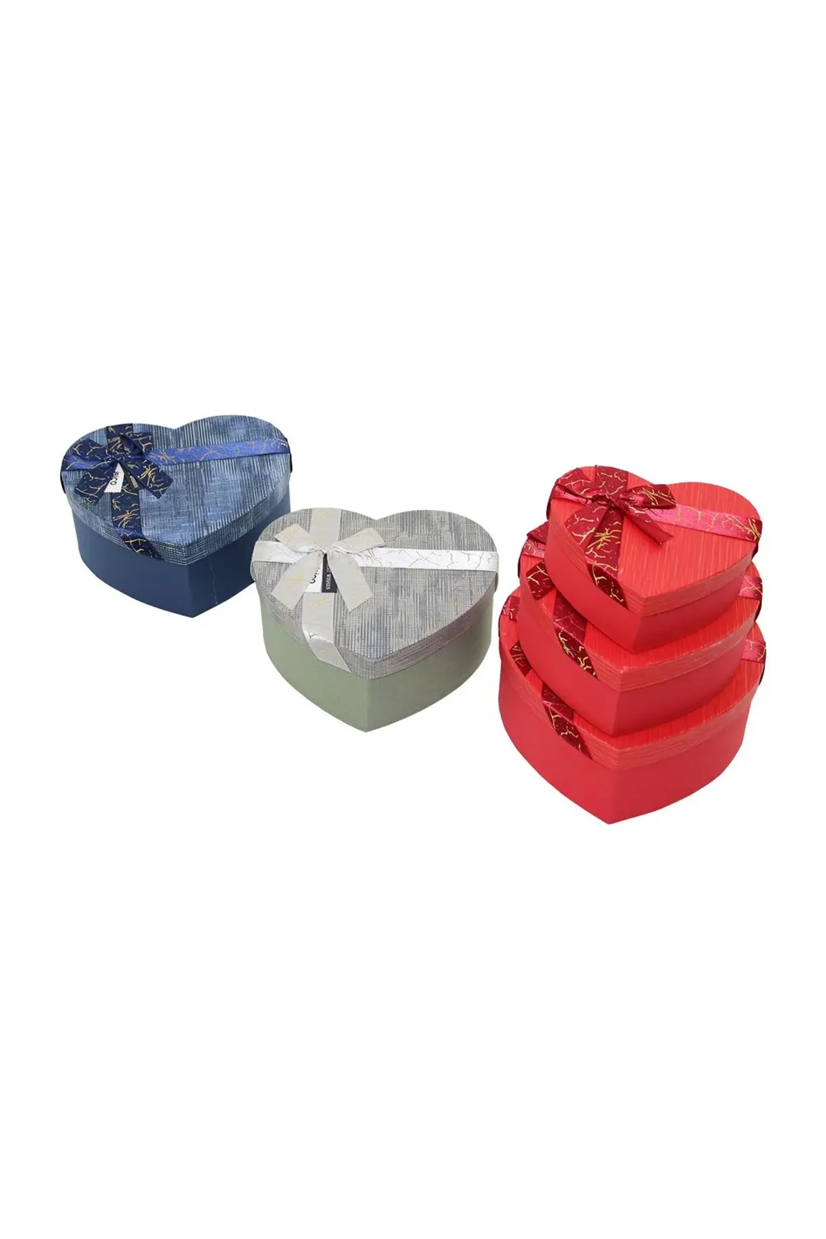 3PCS Kalp Çizgili Mix Renkli - Kabartma Desen Karton Hediye Kutusu Kurdelalı 22X20-19X17-16X14CM