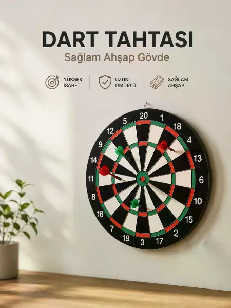 Evde, Ofiste ve Oyun Alanlarında Kullanıma Uygun Sağlam Ahşap Gövdeli Dart Tahtası