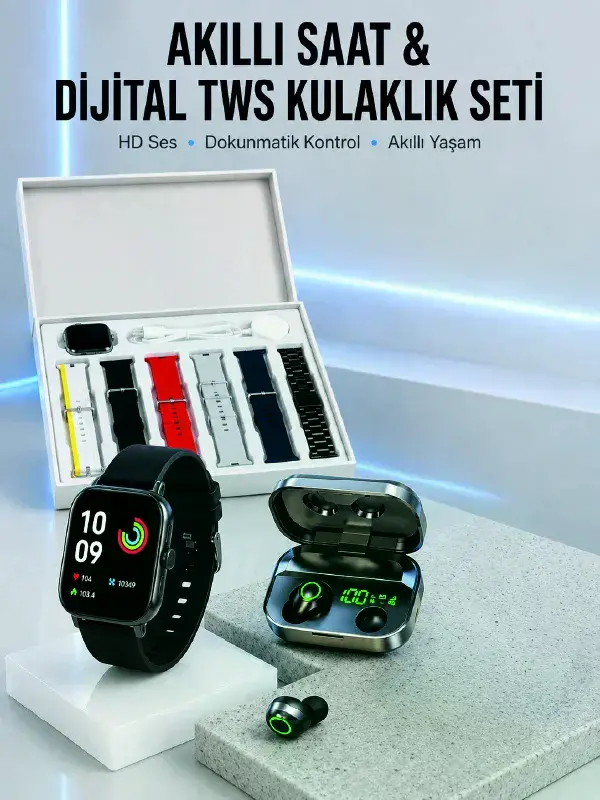 7 Kordonlu Akıllı Saat Ve Aynalı Bluetooth Kulaklık Powerbank Dijital Göstergeli