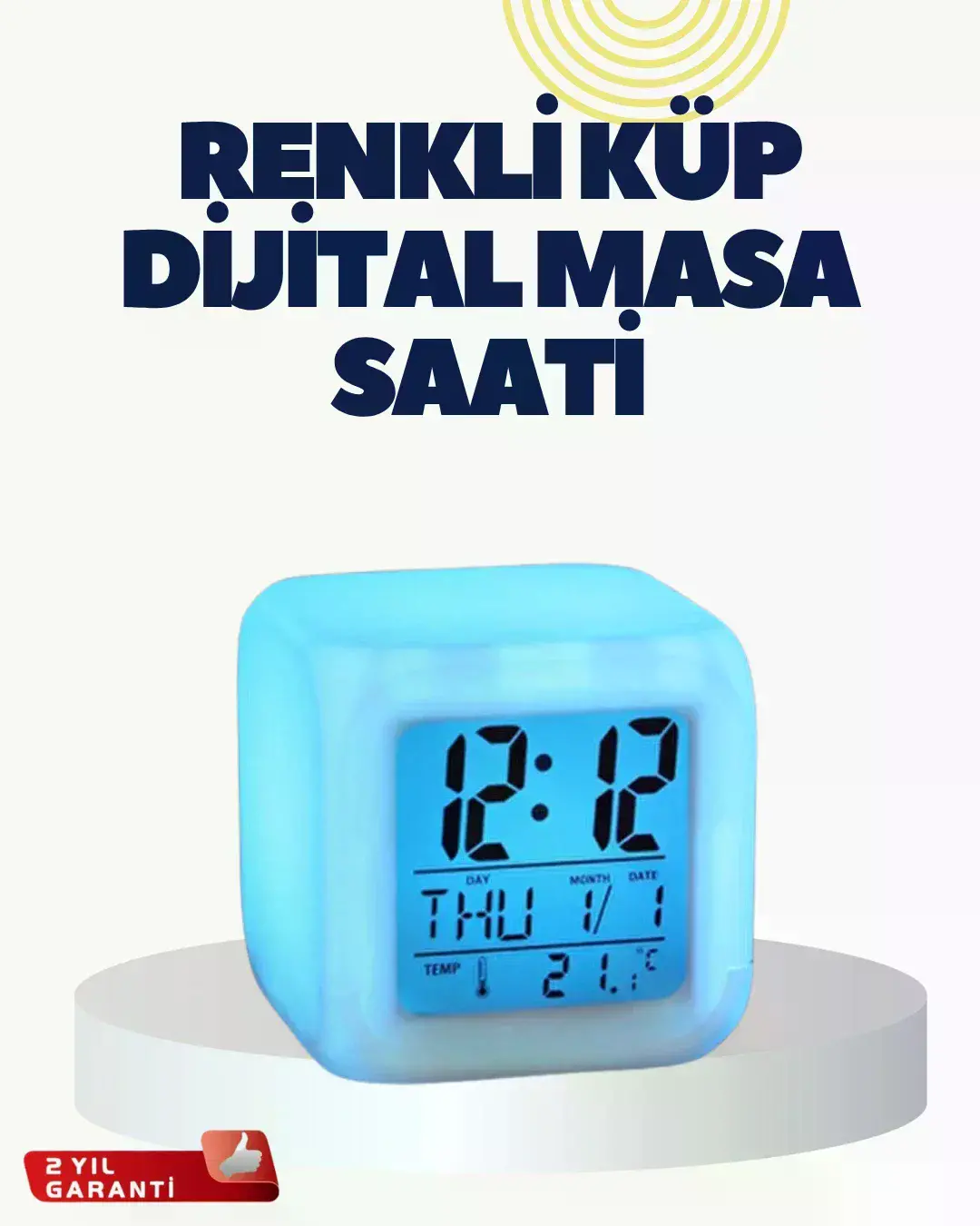 Termometre ve Takvim Özellikli 7 Renk Değiştiren Küp Alarm Saati